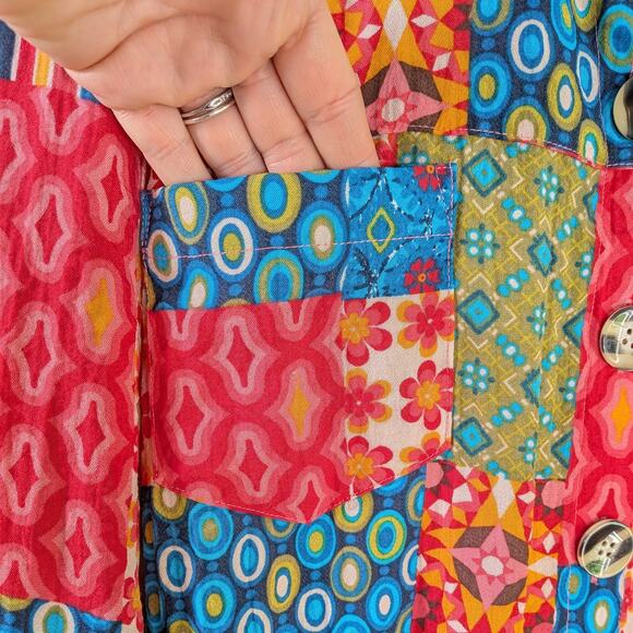 John Mark Button Top 2X 2XL Multicolor Patchwork Floral Pink Blue Colorful Artsy - Picture 9 of 15